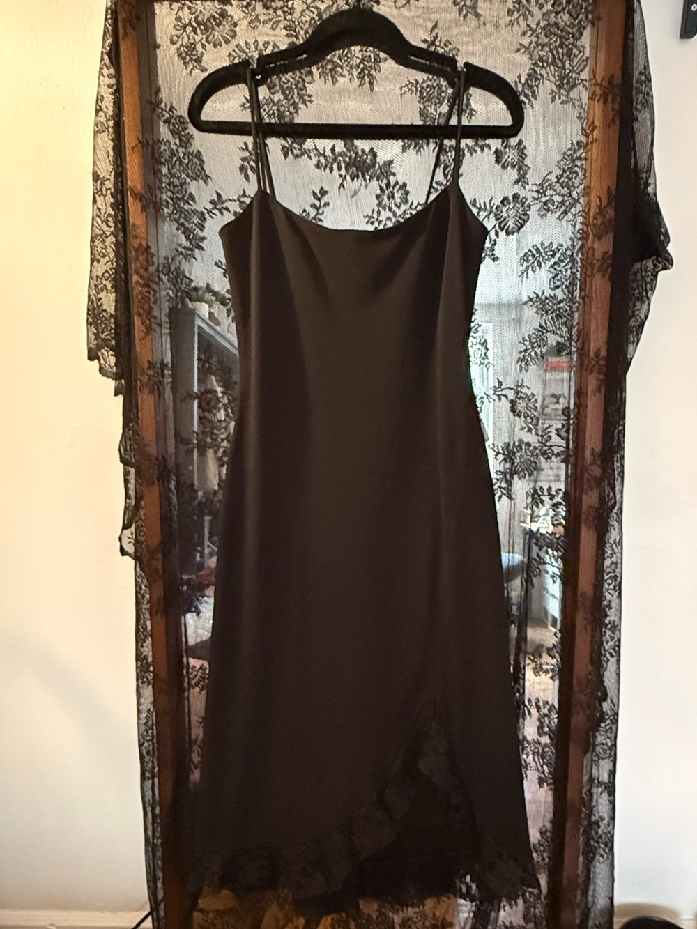 Caché Vintage Black Slip Dress with Asymmetrical Lace Hem Size M
